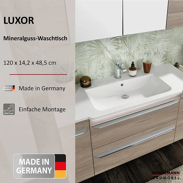 Fackelmann Luxor Waschtisch - Ablage links & rechts - Ein moderner weißer Mineralguss-Waschtisch auf einem hellen Holz-Waschtischunterschrank mit Chromgriffen im Badezimmer.