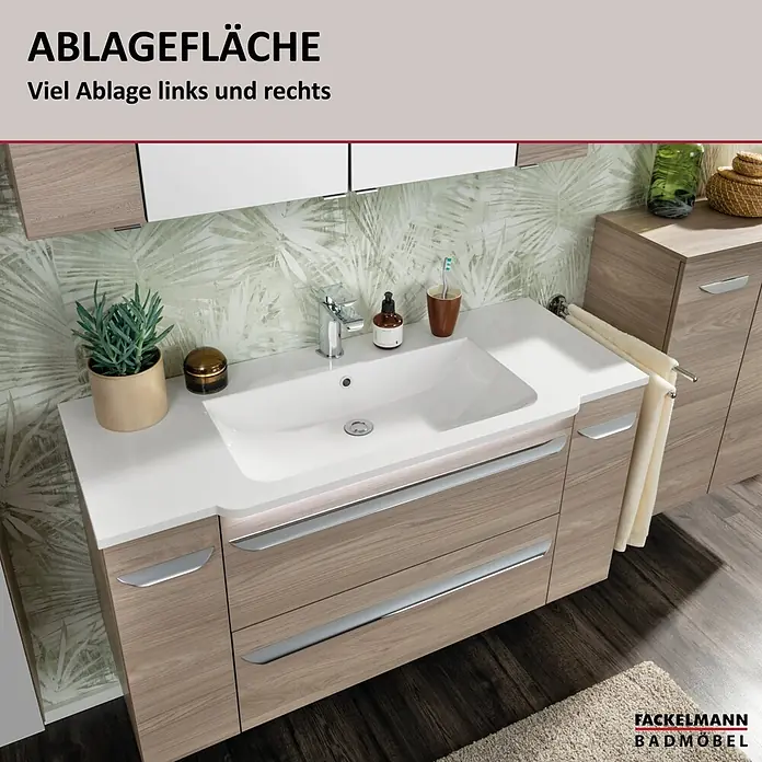 Fackelmann Luxor Waschtisch - Ablage links & rechts - Moderner Waschtischunterschrank in heller Holzoptik mit weißem integriertem Waschbecken, zwei Schubladen und Seitenschrank für viel Stauraum.