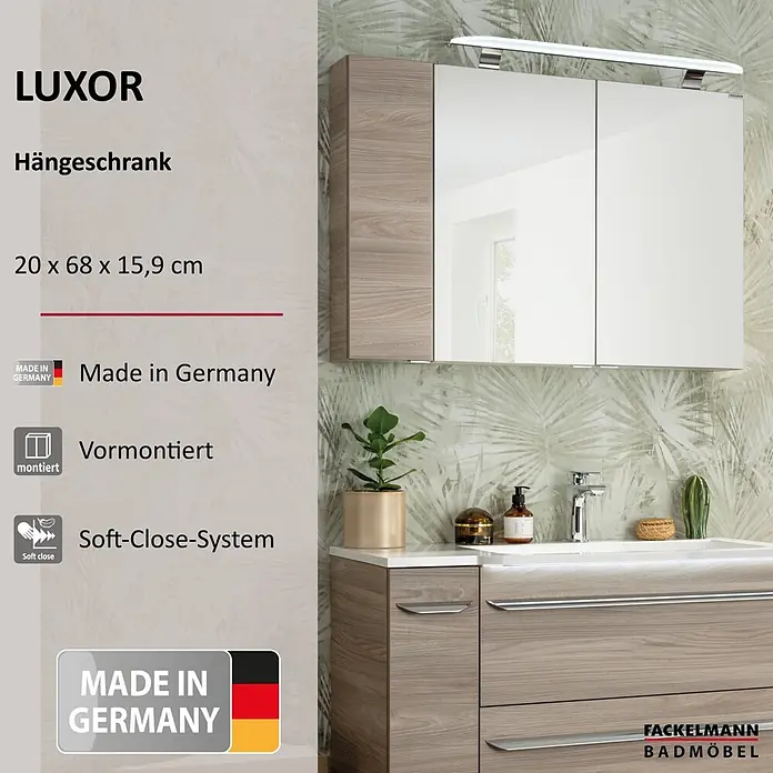 Fackelmann Luxor Bad-Hängeschrank - B x T x H: 200 x 158 x 680 mm, Steinesche Holzoptik, DIN Anschlag: Links - Ein Badezimmer-Spiegelschrank in heller Holzoptik mit zwei Spiegeltüren und integrierter LED-Beleuchtung, über einem Waschtisch in einem modernen Bad.