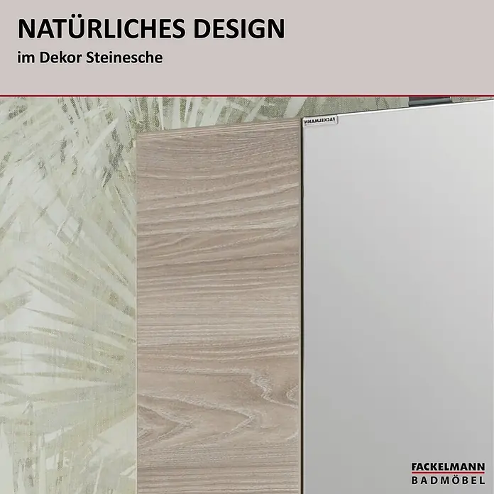 Fackelmann Luxor Bad-Hängeschrank - B x T x H: 200 x 158 x 680 mm, Steinesche Holzoptik, DIN Anschlag: Links - Badmöbel in hellem Steinesche-Holzdekor, neben einer Spiegelfläche.