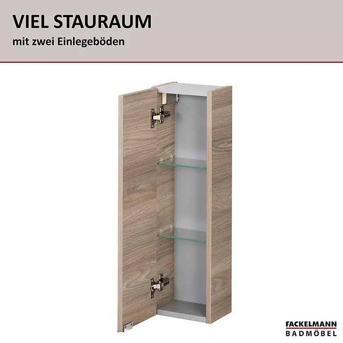 Fackelmann Luxor Bad-Hängeschrank - B x T x H: 200 x 158 x 680 mm, Steinesche Holzoptik, DIN Anschlag: Links - Offener Badschrank mit Holzoptik-Tür und zwei Glasablagen.