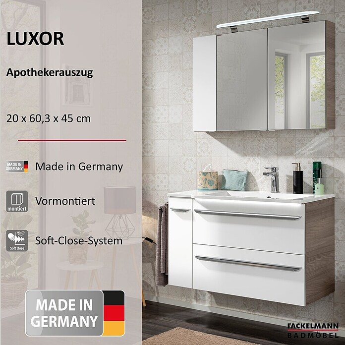 Fackelmann Luxor Bad-Beistellschrank Apothekerauszug (B x T x H: 200 x 450 x 603 mm, Steinesche Holzoptik / Weiß) | BAUHAUS