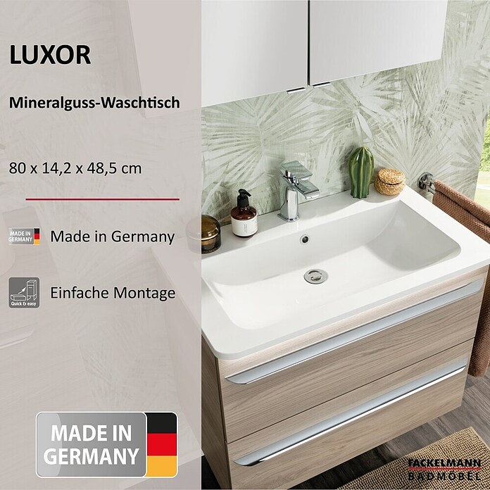 Fackelmann Luxor Waschtisch (ohne Ablage, 800 x 485 mm, Hahnloch: Mitte, Mit Überlauf) | BAUHAUS
