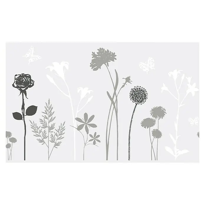 D-c-fix Static Premium Glasfolie Meterware Blossom - Breite: 45 cm, Transluzent, Statisch haftend - Florale Wandkunst: Elegante Darstellung von Blumen und Schmetterlingen in sanften Grautönen, ideal für eine ruhige Raumatmosphäre.