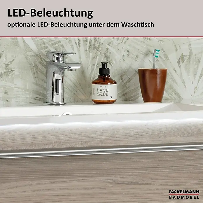 Fackelmann Luxor Waschtisch - ohne Ablage - LED-Beleuchtung unter einem Waschtisch, mit Holzoptik-Unterschrank.