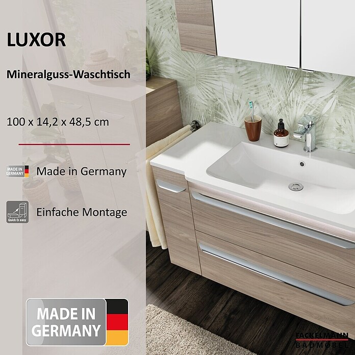 Fackelmann Luxor Waschtisch (Ablage links, 1 000 x 485 mm, Hahnloch: Mitte, Mit Überlauf) | BAUHAUS
