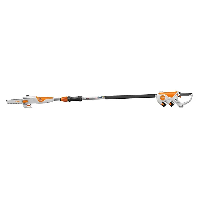 Stihl AS Akku-Hochentaster HTA 30 - 2,59 Ah, 2 Akkus, Schwertlänge: 20 cm - Weiß-orangefarbene Stihl Hochentaster mit schwarzem Verlängerungsstiel und Kettensägenkopf.