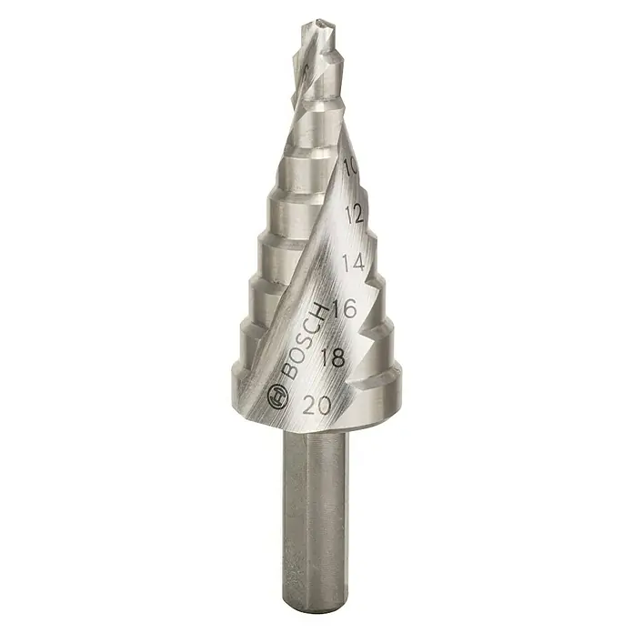 Bosch Metallbohrer - 1 Stk., Durchmesser Bohrer: 20 mm - Bosch Stufenbohrer aus Stahl. Das Werkzeug ist konisch und mit Größenmarkierungen von 10 bis 20 versehen, zur Herstellung von Löchern.