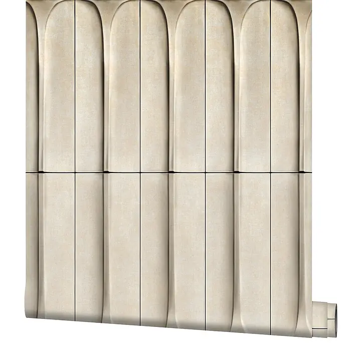 Marburg Shades Iconic Vliestapete Grafik III - Beige, Grafisch, 10,05 x 0,53 m - Beigefarbene Tapetenrolle mit strukturiertem Design aus vertikalen, gewölbten, geriffelten Paneelen, teilweise abgerollt.