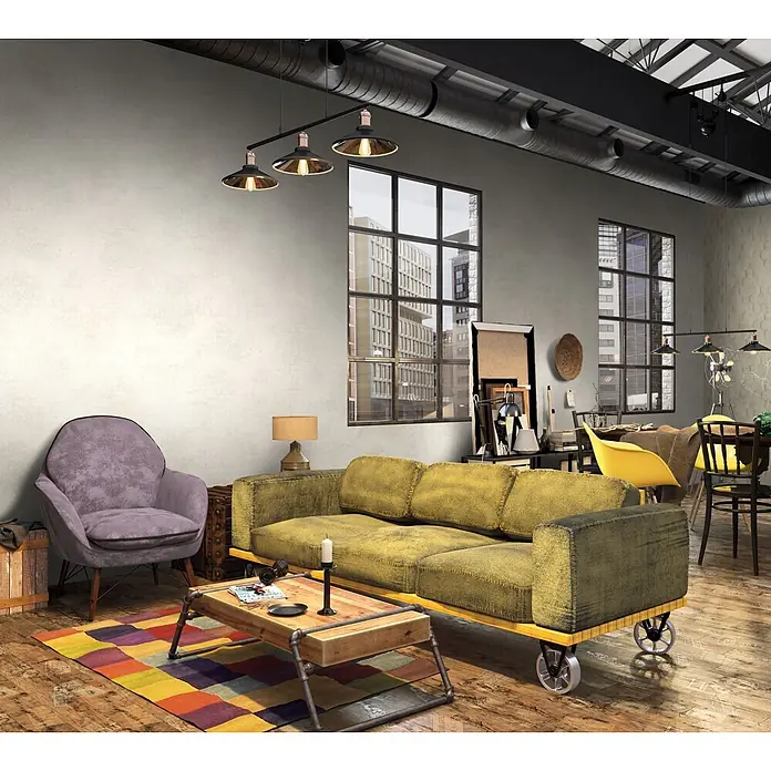 Marburg Loft Superior Vliestapete Struktur I - Beige, Sonstiges, 10,05 x 0,53 m - Grünes Stoffsofa auf industriellen Metallrädern in einem modernen Wohnraum.