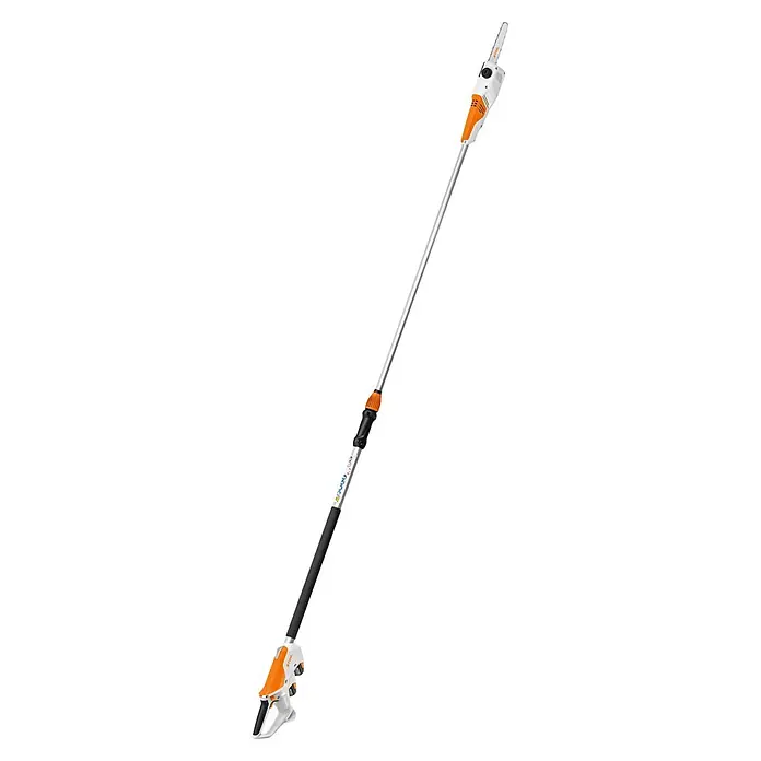 Stihl AS Akku-Hochentaster HTA 30 - 2,59 Ah, 2 Akkus, Schwertlänge: 20 cm - Langer Hochentaster mit weiß-orangefarbenem Gehäuse, silberner Stange und schwarzem Griff.