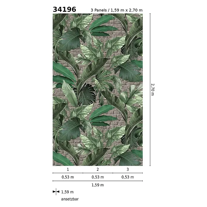 Marburg Loft Superior Fototapete Urban Jungle - B x H: 159 mm x 270 cm, Vlies, Grün-Greige - Tropisches Blattmuster Fototapete auf Ziegelwand, als 3 Paneele mit Maßen dargestellt.