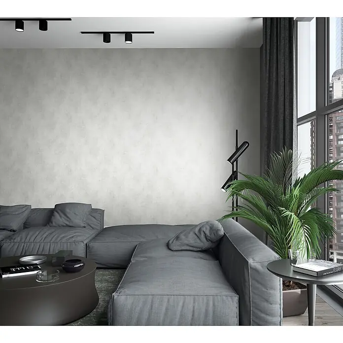 Marburg Loft Superior Vliestapete Struktur I - Greige, Sonstiges, 10,05 x 0,53 m - Ein großes, modulares graues Stoff-Ecksofa in modernem Wohnzimmerambiente.