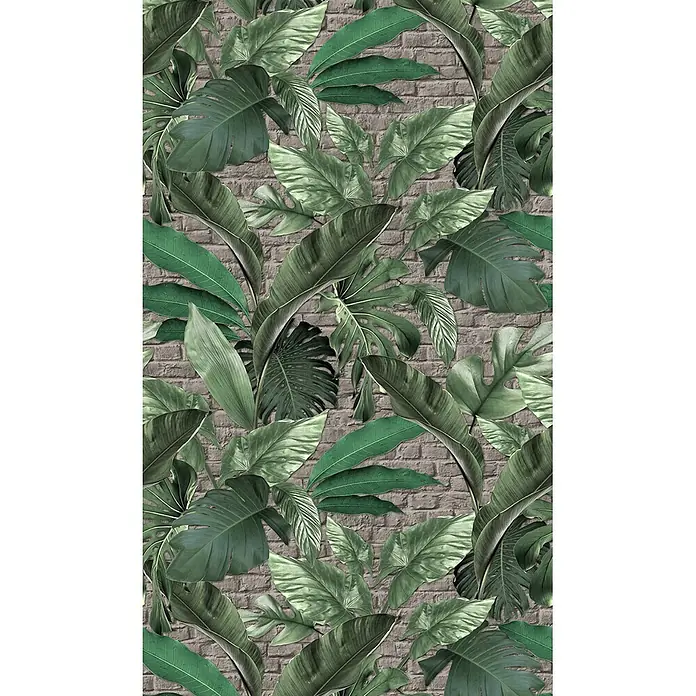 Marburg Loft Superior Fototapete Urban Jungle - B x H: 159 mm x 270 cm, Vlies, Grün-Greige - Muster aus großen grünen Tropenblättern auf einem grauen Ziegelwandhintergrund.