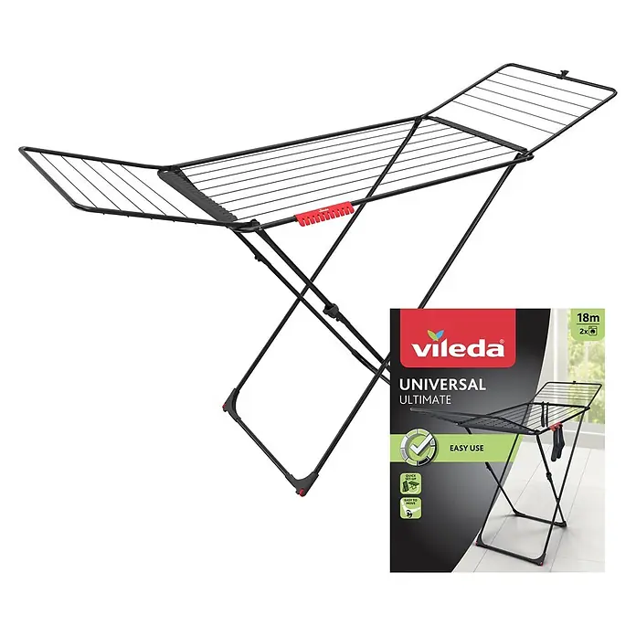 Vileda Flügel-Wäscheständer Universal Ultimate - Länge Wäscheleine: 18 m, L x B x H: 180 x 55 x 108 cm - Schwarzer Vileda Wäscheständer mit roten Akzenten zum Trocknen von Wäsche.