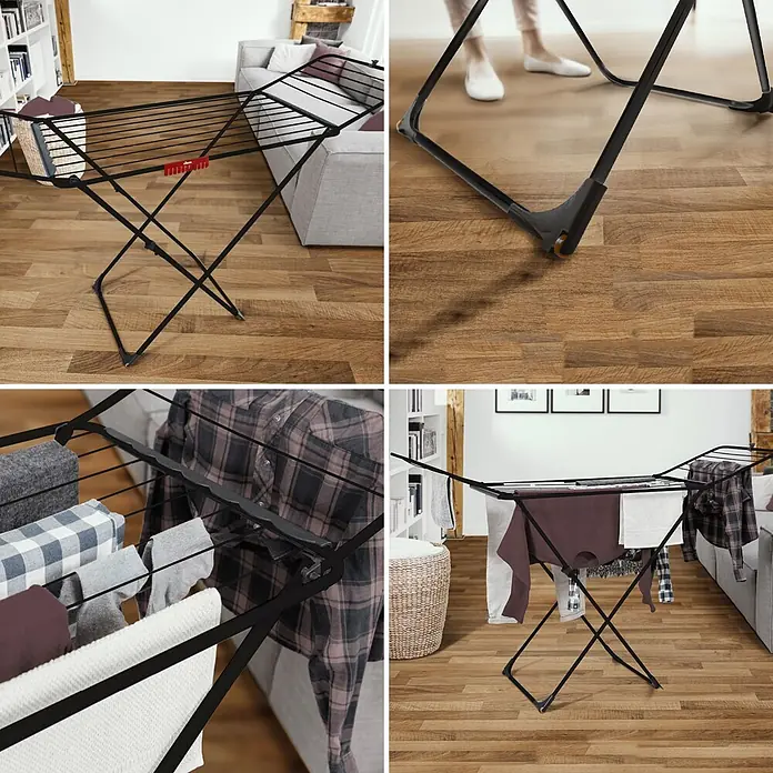 Vileda Flügel-Wäscheständer Universal Ultimate - Länge Wäscheleine: 18 m, L x B x H: 180 x 55 x 108 cm - Schwarzer Wäscheständer mit mehreren Leinen, integrierten Sockenhaltern und Rollen für einfaches Verschieben, beladen mit Kleidung.