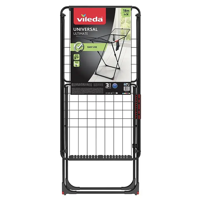 Vileda Flügel-Wäscheständer Universal Ultimate - Länge Wäscheleine: 18 m, L x B x H: 180 x 55 x 108 cm - Vileda Universal Ultimate Wäscheständer in Schwarz-Rot mit 18m Trockenlänge.
