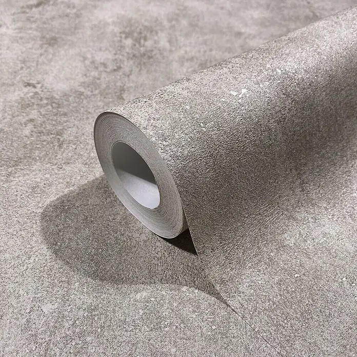 Marburg City Glow Vliestapete Uni I - Beige, 10,05 x 0,53 m - Gerollte graue Strukturtapete mit subtilem, silbernem Schimmer.