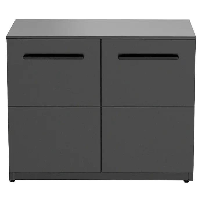 Cozze Elements Arbeitsplatte - HPL, 110 x 60 cm, Passend für Cozze Elements Grillküchen Modul großer Seitenschrank, Schwarz - Dunkelgrauer Schrank mit vier flachen Türen und schwarzen Griffmulden.