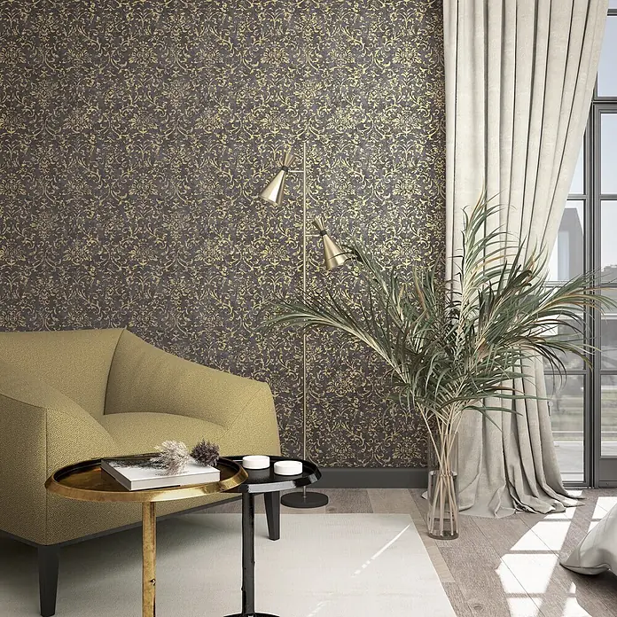Marburg City Glow Vliestapete Ornamental - Schwarz-Gold, Ornament, 10,05 x 0,53 m - Dunkelgraue Tapete mit goldfarbenem Damastmuster, als luxuriöse Wandverkleidung.