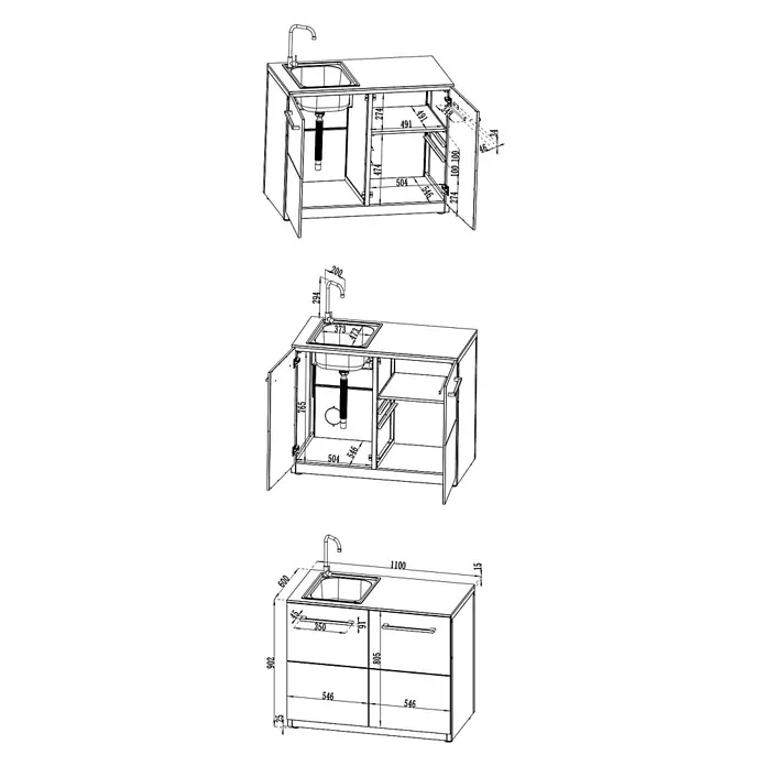 Cozze Elements Outdoorküchen-Modul Spüle - Schwarz, B x T x H: 110 x 60 x 88,5 cm, Stahl - Technische Zeichnung eines Küchenspülschranks mit Spüle, Wasserhahn und angrenzendem Stauraum, inklusive Maßen.
