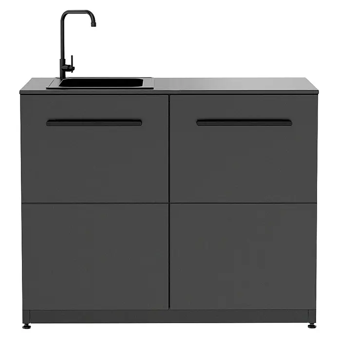 Cozze Elements Arbeitsplatte Spüle - Hochdrucklaminat, 110 x 60 cm - Dunkelgrauer Spülenschrank mit integriertem schwarzem Waschbecken, Wasserhahn und Griffen.