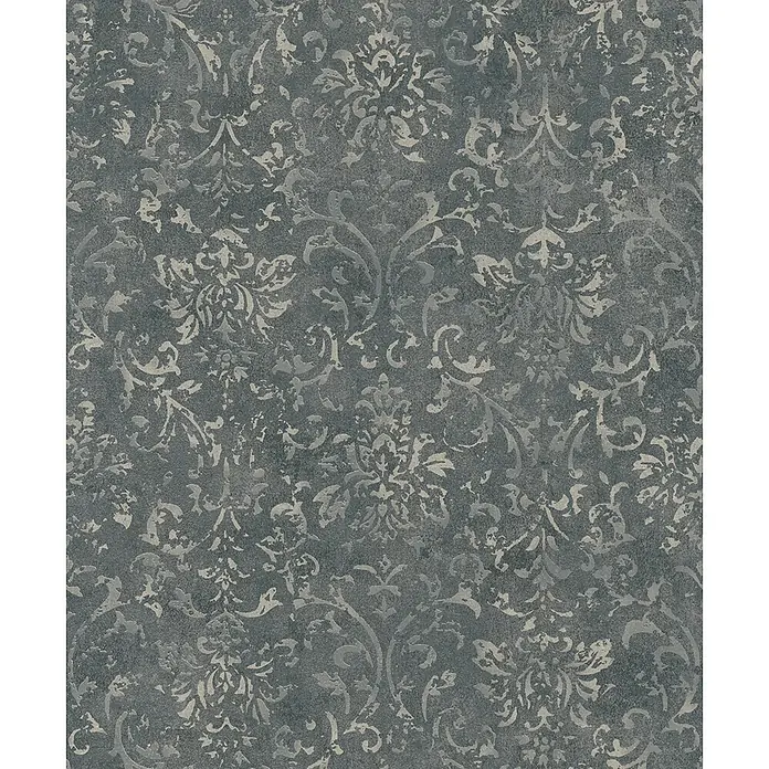 Marburg City Glow Vliestapete Ornamental - Schwarz-Silber, Ornament, 10,05 x 0,53 m - Dunkelgraue Tapete mit verwittertem hellgrauem Damastmuster.