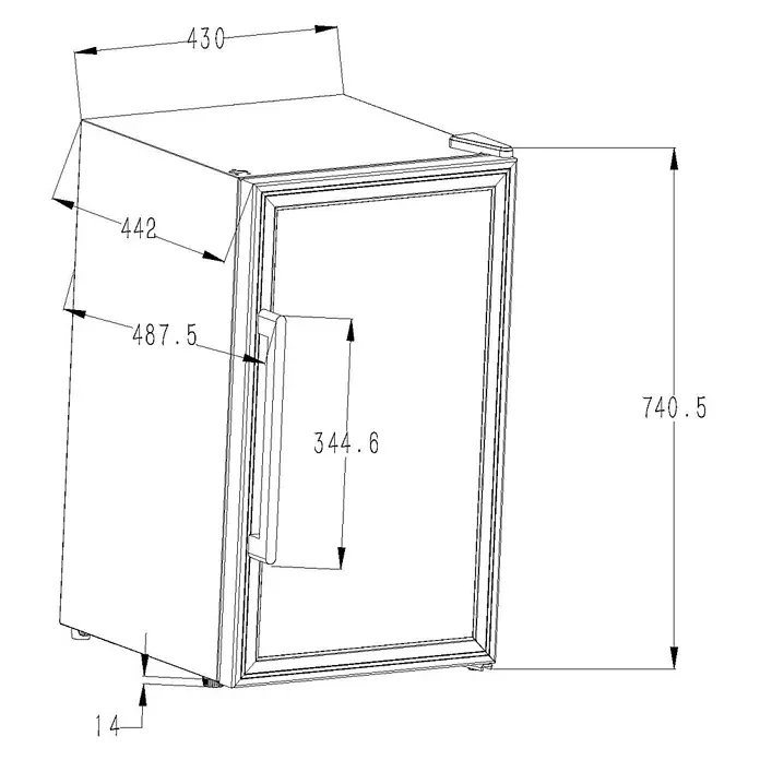Cozze Elements Kühlschrank - B x T x H: 45 x 43 x 74 cm, Schwarz - Technische Zeichnung eines Kompaktkühlschranks, mit detaillierten Höhen-, Breiten- und Tiefenmaßen sowie Glastür und Griff.