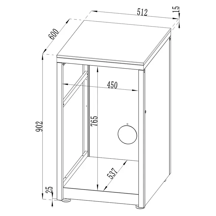 Cozze Elements Outdoorküchen-Modul Kühlschrank - Schwarz, B x T x H: 49,5 x 60 x 88,5 cm, Stahl, Passend für: Cozze Elements Kühlschrank - Technische Zeichnung eines offenen Unterschranks mit detaillierten Maßen für Küche oder Hauswirtschaft.