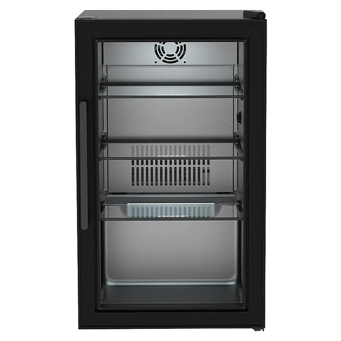 Cozze Elements Kühlschrank - B x T x H: 45 x 43 x 74 cm, Schwarz - Schwarzer Mini-Kühlschrank mit Glastür, Metallregalen und internem Ventilator zur Getränkekühlung.