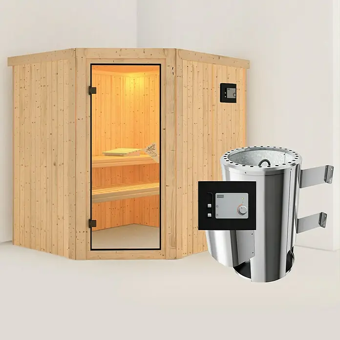 Karibu Elementsauna Lilja - Mit 3,6 kW Ofen mit externer Steuerung, Ohne Dachkranz, L x B x H: 196 x 170 x 192 cm - Sauna mit Holzwänden, Glastür und einem silbernen Saunaofen mit Bedienfeld für ein entspannendes Saunaerlebnis.
