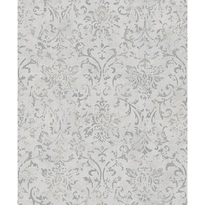 Marburg City Glow Vliestapete Ornamental - Greige, Ornament, 10,05 x 0,53 m - Hellgraue Tapete mit abgenutztem silbernem Damast- und Blumenmuster.