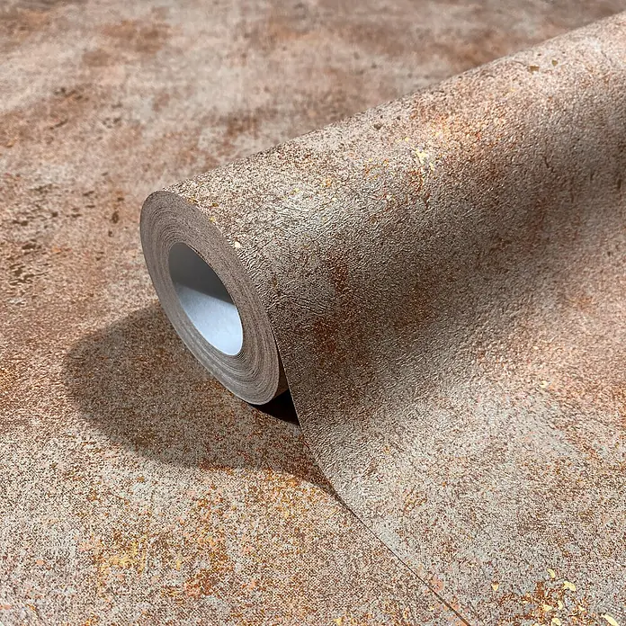 Marburg City Glow Vliestapete Uni - Beige-Braun, Uni, 10,05 x 0,53 m - Strukturierte Tapetenrolle mit metallisch kupfer-rostfarbenem und grauem Muster.