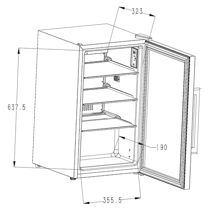 Cozze Elements Kühlschrank - B x T x H: 45 x 43 x 74 cm, Schwarz - Weißer Kompaktkühlschrank mit geöffneter Tür, der mehrere Regalböden im Inneren zeigt.