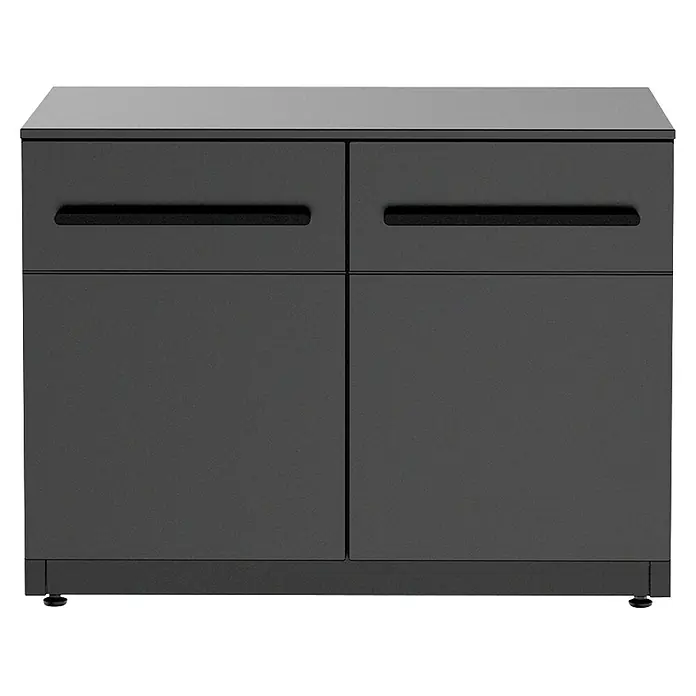 Cozze Elements Arbeitsplatte - Stahl, 90 x 60 cm, Passend für Cozze Elements Grillküchen Modul Seitenschrank, Schwarz - Anthrazitfarbener Schrank mit zwei oberen Schubladen und zwei unteren Türen, schwarzen Griffen und kleinen Füßen.