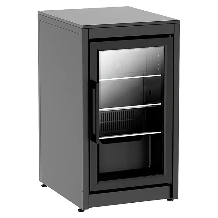 Cozze Elements Kühlschrank - B x T x H: 45 x 43 x 74 cm, Schwarz - Dunkelgrauer Mini-Kühlschrank mit Glastür, schwarzem Rahmen und beleuchteten Innenablagen.