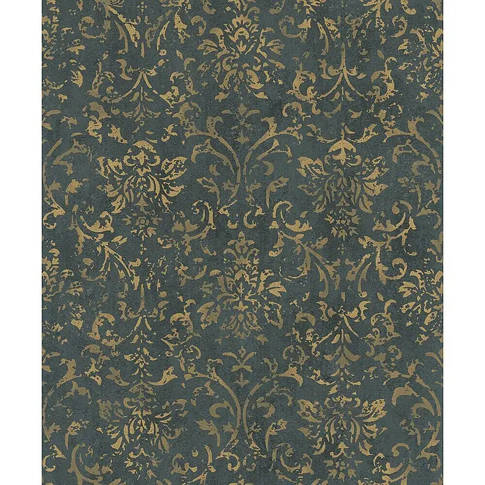 Marburg City Glow Vliestapete Ornamental - Schwarz-Gold, Ornament, 10,05 x 0,53 m - Vintage dunkelgraue Tapete mit goldfarbenem Damastmuster in Distressed-Optik.