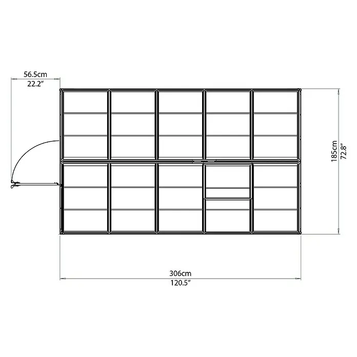 Palram – Canopia Invernadero Harmony - Medidas ext. (An x Pr): 185 x 306 cm, Plateado, Área: 5,6 m² - Plano de un vestidor con estantes, cajones y una puerta, que ofrece un amplio espacio de almacenamiento.