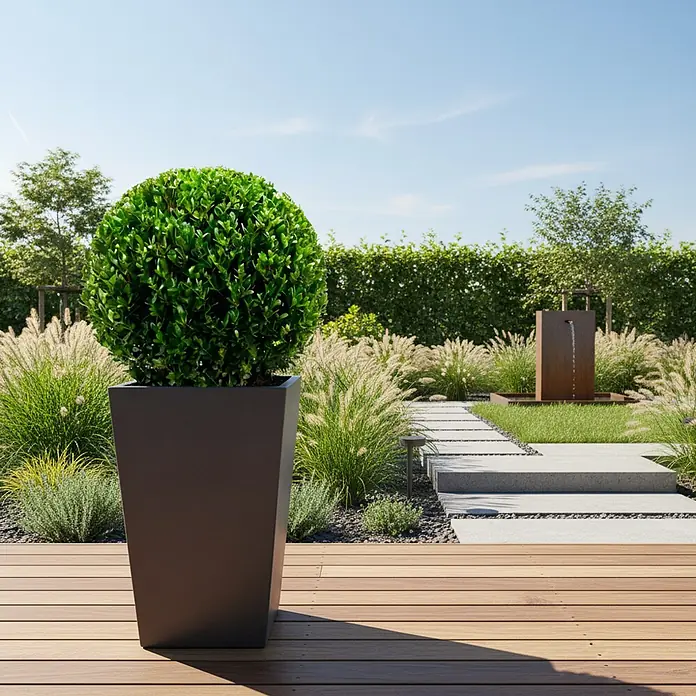 Piardino Japan-Stechpalme - Ilex crenata 'Dark Green'®, Flachwurzler - Hoher, dunkler, sich verjüngender Pflanzkübel mit einer kugelförmigen Grünpflanze auf einer Holzterrasse im modernen Garten.