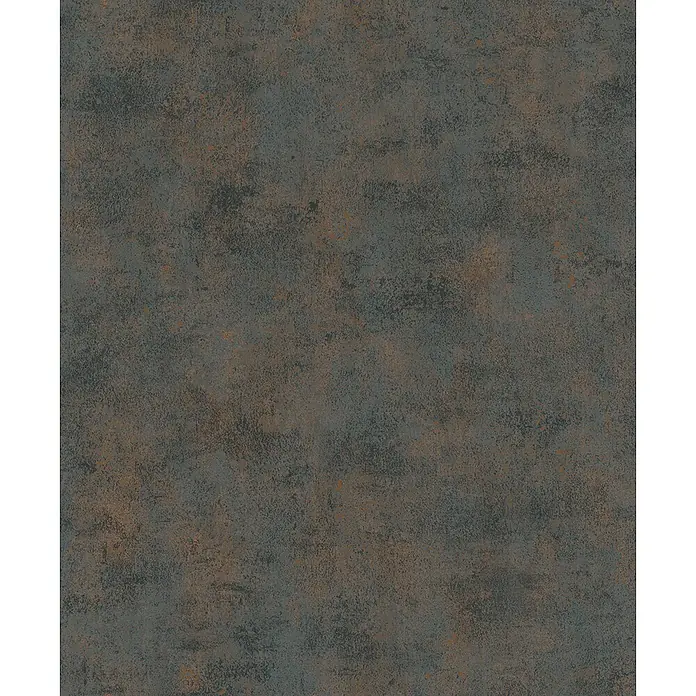 Marburg City Glow Vliestapete Uni - Schwarz-Gold, Uni, 10,05 x 0,53 m - Industrielle, oxidierte Metalltextur in Dunkelblaugrün und Rosttönen.