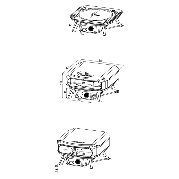 Cozze Pizzaofen Elektro Premium 17" - Grillfläche (B x T): 42,5 x 42,5 cm, 2,2 kW - Technische Zeichnung eines tragbaren Gasgrills/Kochers mit Maßen aus verschiedenen Perspektiven.