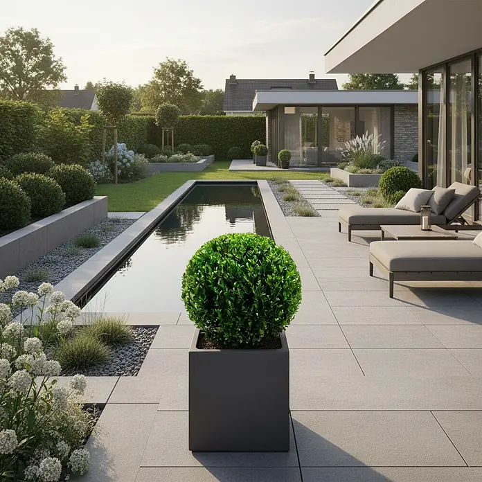 Piardino Japan-Stechpalme - Ilex crenata 'Dark Green'®, Flachwurzler - Dunkelgrauer, rechteckiger Pflanzkübel mit kugelförmiger Grünpflanze, in einem modernen Terrassengarten.