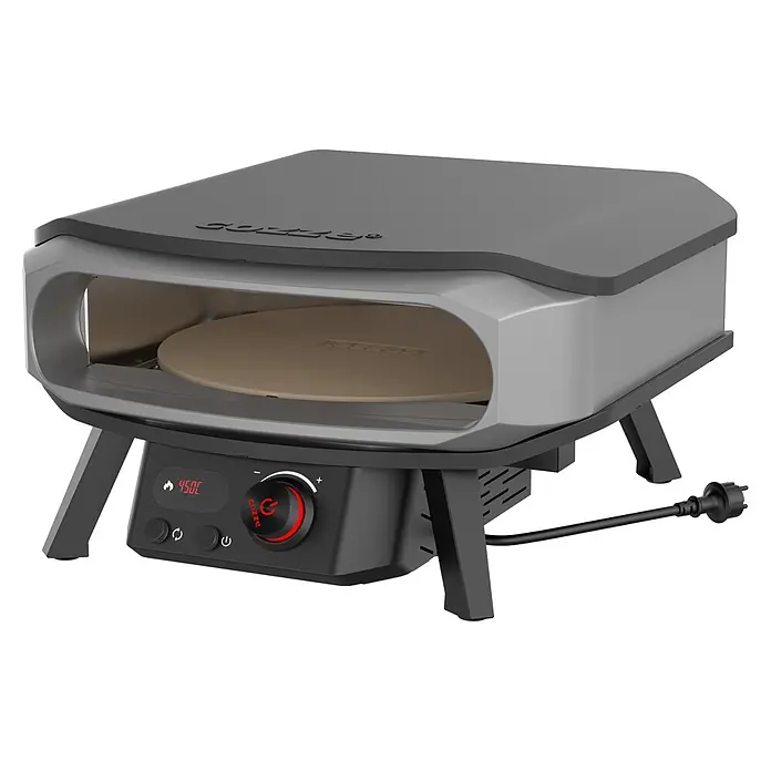 Cozze Pizzaofen Elektro Premium 17" - Grillfläche (B x T): 42,5 x 42,5 cm, 2,2 kW - Grau-schwarzer elektrischer Pizzaofen mit digitaler Temperaturanzeige und hellbraunem Pizzastein.