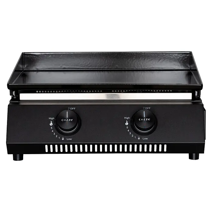 Cozze Plancha-Grill G 400 - Grillfläche (B x T): 48 x 35 cm, Anzahl Brenner: 2 Stk., Schwarz - Schwarzer tragbarer Gasgrill mit flacher Oberseite, zwei Bedienknöpfen und Kochfläche.