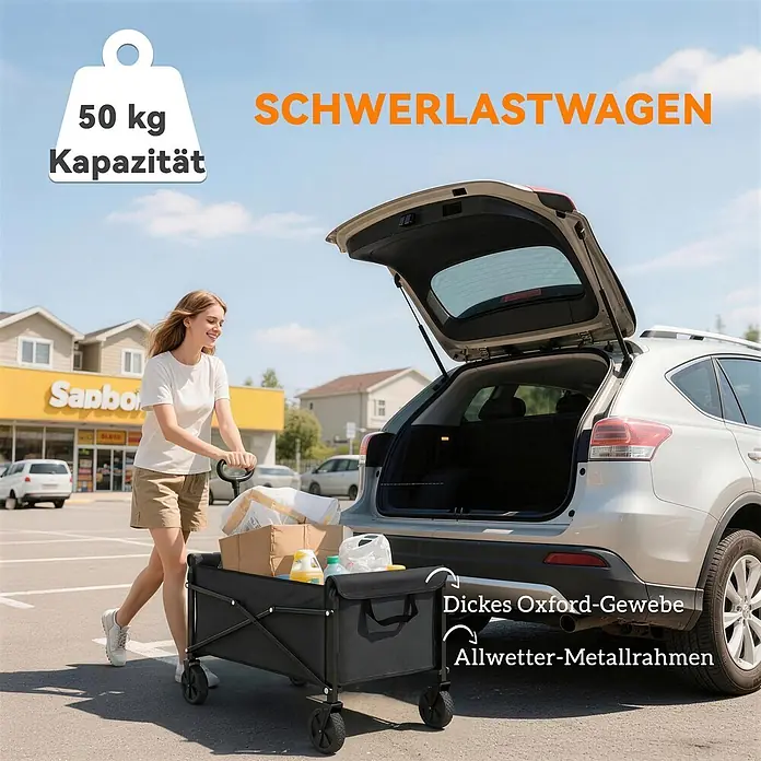 Outsunny Bollerwagen - Traglast: 50 kg, Metall - Schwarzer Faltwagen aus dickem Oxford-Gewebe mit Allwetter-Metallrahmen, von einer Frau zum Beladen des Autos mit Einkäufen gezogen.