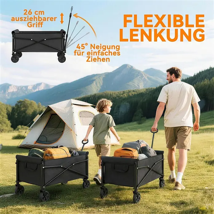 Outsunny Bollerwagen - Traglast: 50 kg, Metall - Zwei schwarze Klappwagen werden von einem Mann und Kind auf einem Campingplatz gezogen, beladen mit Ausrüstung.