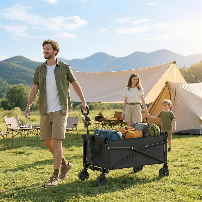 Outsunny Bollerwagen - Traglast: 50 kg, Metall - Schwarzer faltbarer Bollerwagen mit Campingausrüstung, gezogen von einem Mann im Grünen vor Zelten und Bergen.