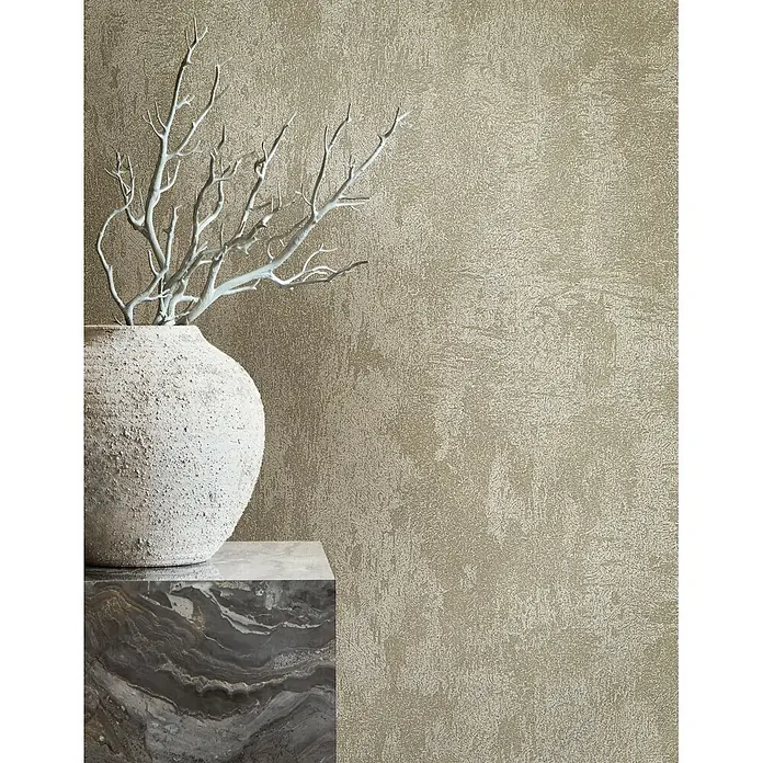 Marburg City Glow Vliestapete Struktur - Platin, Sonstiges, 10,05 x 0,53 m - Texturierte gold-beige Tapete mit einem gealterten Reliefmuster.