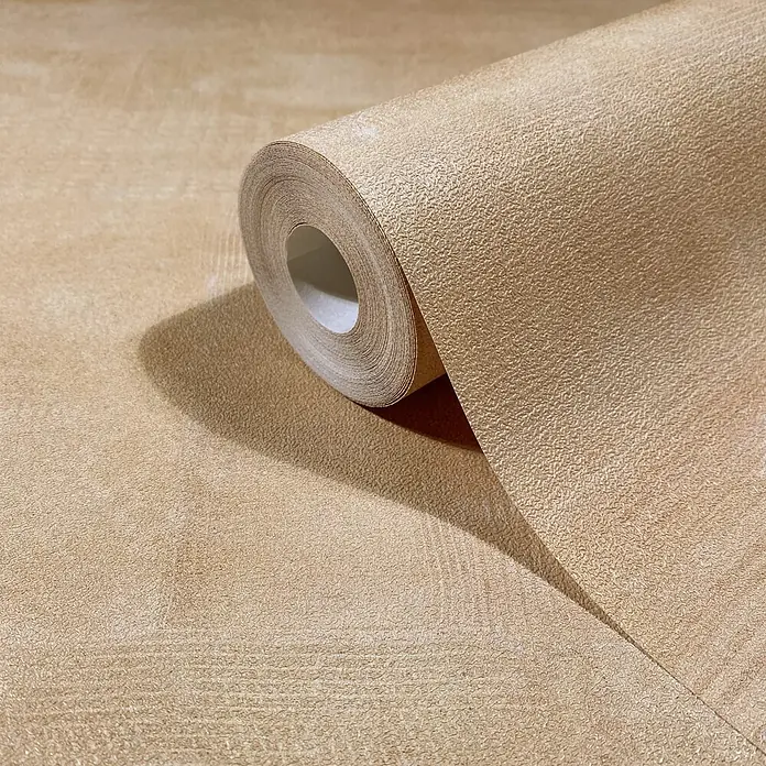 Marburg Novamur Plus Fresh UP Vliestapete Uni I - Beige, Uni, 10,05 x 0,53 m - Eine Rolle hellbraune, texturierte Tapete, teilweise abgerollt, zeigt ihr dezentes Muster.