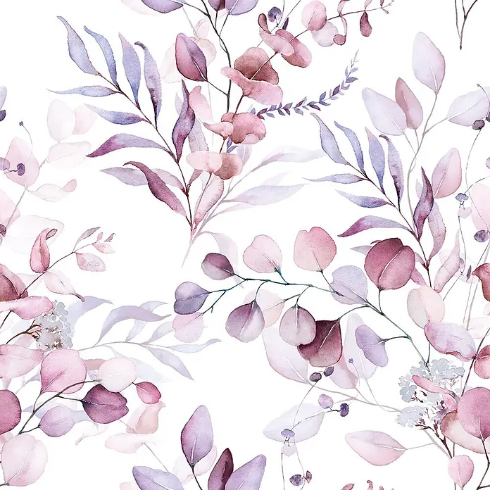 Marburg Novamur Plus Fresh UP Vliestapete Floral VI - Weiß-Rot, Floral, 10,05 x 0,53 m - Nahtloses Aquarellmuster mit zarten Eukalyptusblättern und -zweigen in sanften Rosa-, Lila- und Blau-Grau-Tönen.